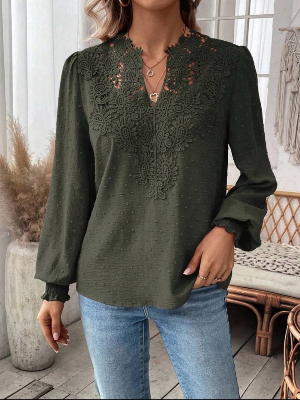 Olive Green Lace Trim Long Sleeve Blouse